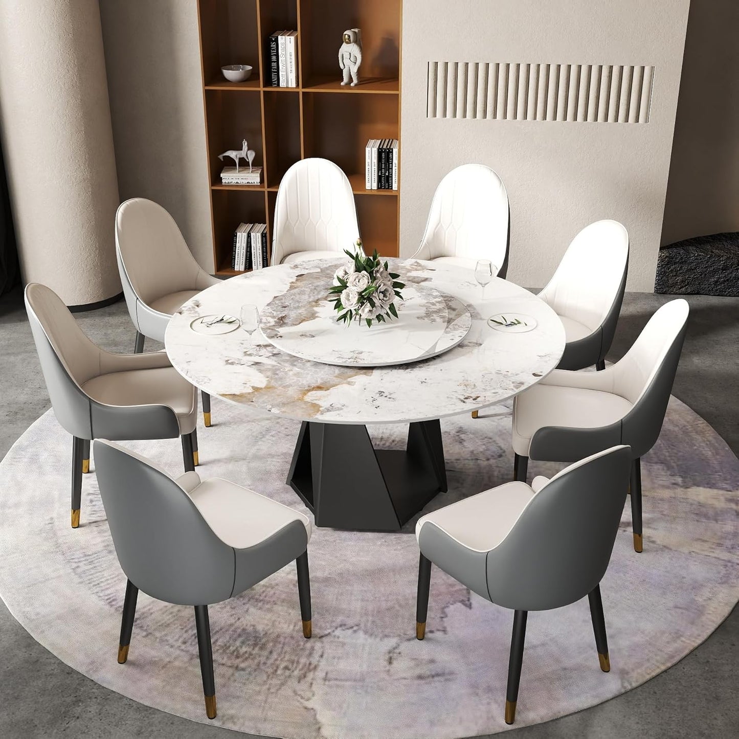 Montary 9 Piece Dining Table Chairs Set, Modern Dining Table Set of 8, Includes 59" D Marble Round Table with Black Iron Metal Base, 8 Gray White Dining Chairs for Home, Kitchen