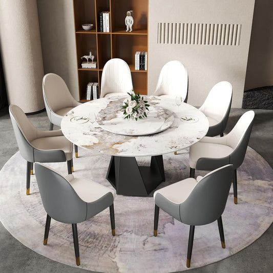 Montary 9 Piece Dining Table Chairs Set, Modern Dining Table Set of 8, Includes 59" D Marble Round Table with Black Iron Metal Base, 8 Gray White Dining Chairs for Home, Kitchen