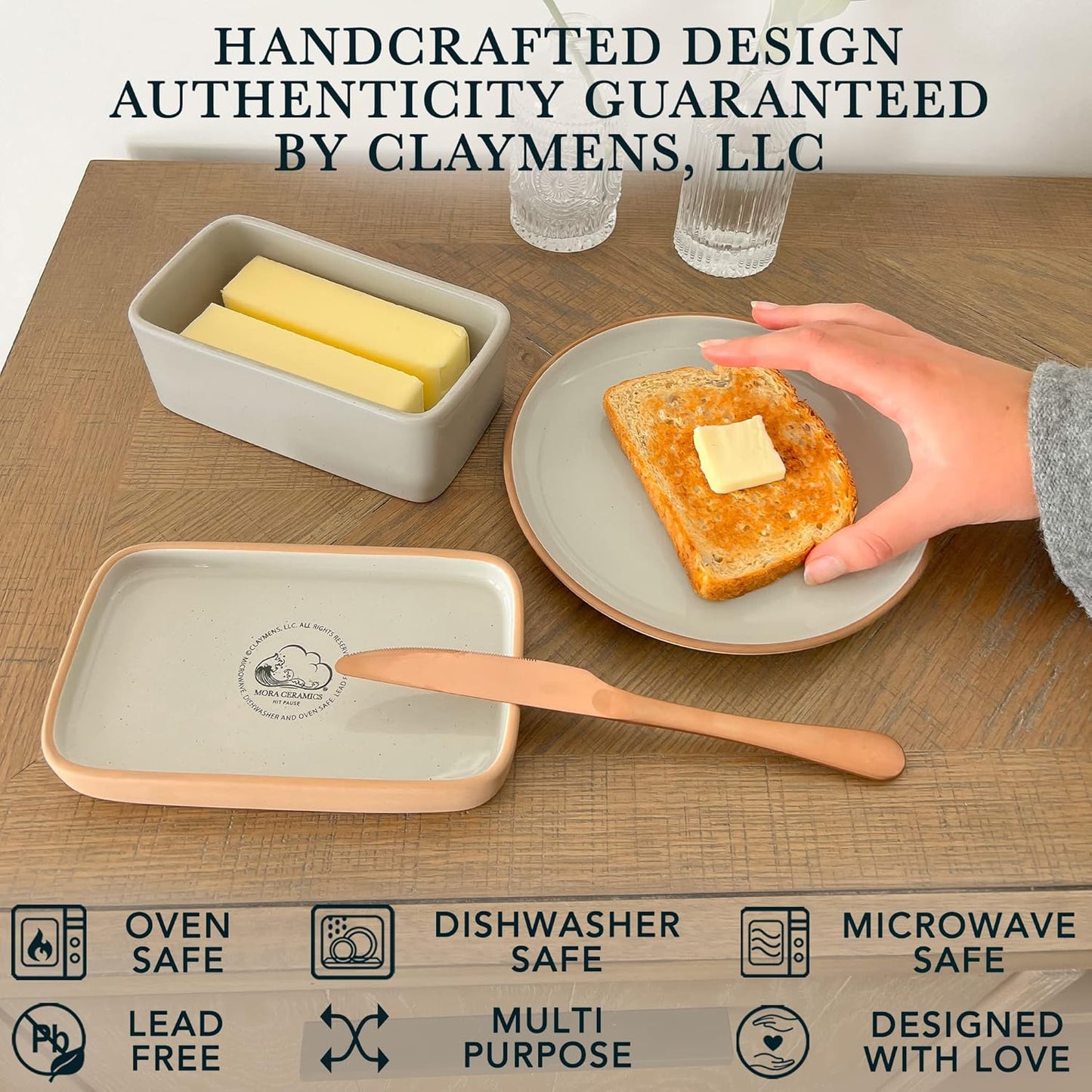 Mora Ceramic Two-in-One Butter Dish with Lid, Covered Butter Crock Container to Leave on Countertop - Large Storage Keeper/Holder for Kitchen, Gifts for Her, Butter Tray For Counter - Earl Grey