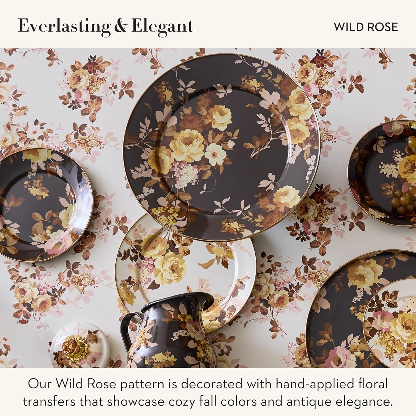 MACKENZIE-CHILDS Enamel Serving Platter, Decorative Serving Platter for Food, 16 Inches, Wild Rose Brown