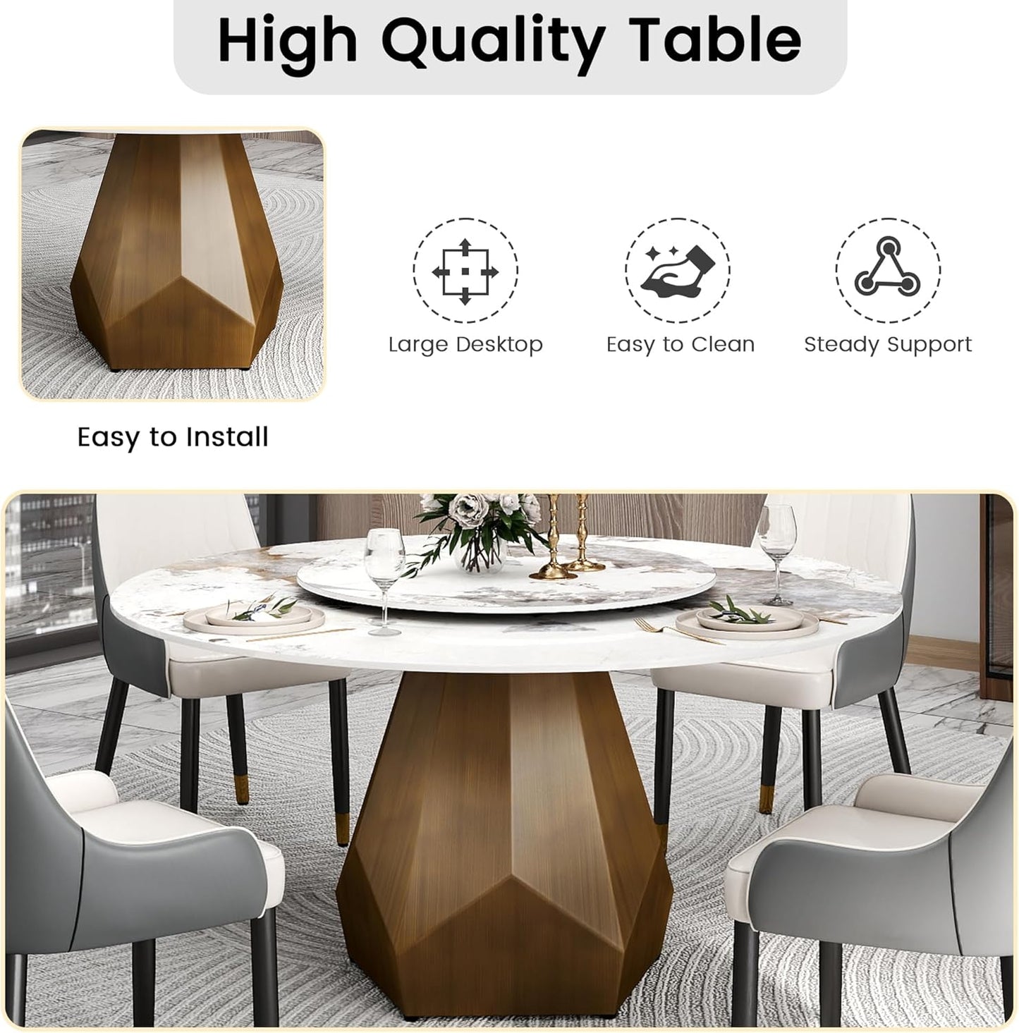 Montary 59" Modern Artificial Marble Round Dining Table with Antique Brass Metal Base & 31.5" White Sintered Stone Turntable, Dining Room Table with Lazy Susan for 6-8 (Only Table)