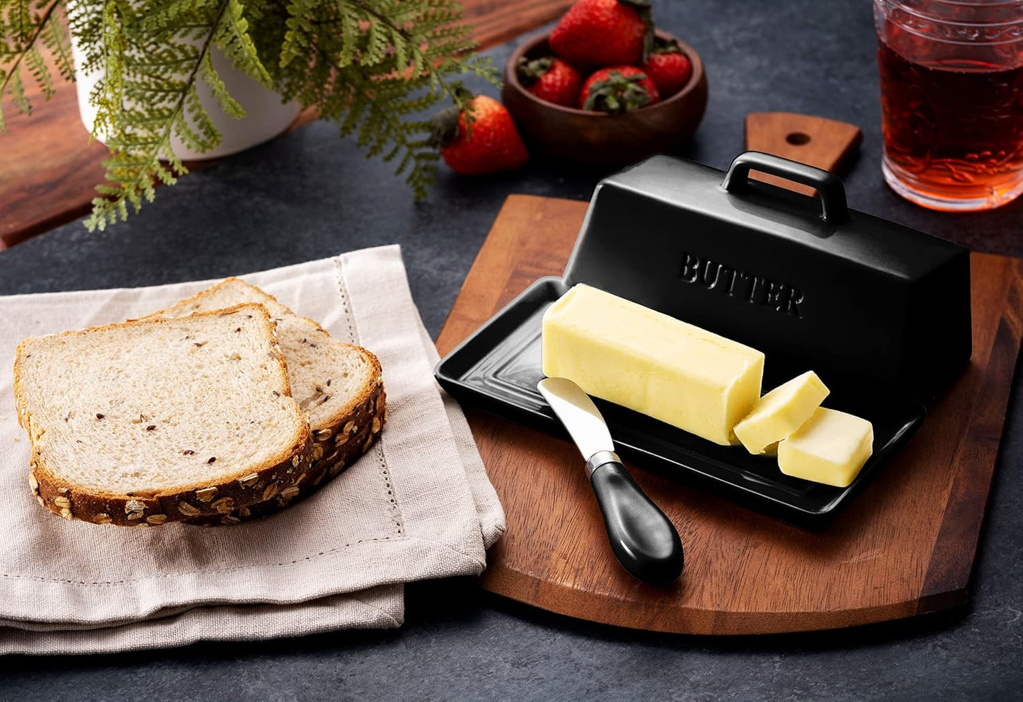 Ceramic Butter Dish Set with Lid and Knife - [Black]- Decorative Butter Stick Holder with Handle for 1 Stick of Butter - Microwave Safe, Dishwasher Safe - Anti-Scratch Stickers Included.