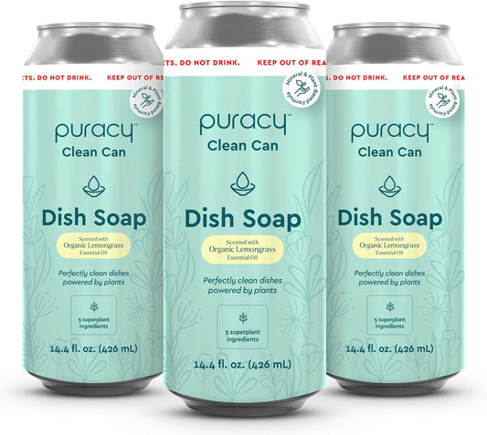 Puracy Natural Dish Soap Clean Can Refill Packs- Plant-Based Dishwashing Soap, Non-Toxic Dish Soap, Natural Liquid Dishwashing Detergent Soap As Seen on TikTok (Organic Lemongrass, 14.4 fl oz, 3 Pack)