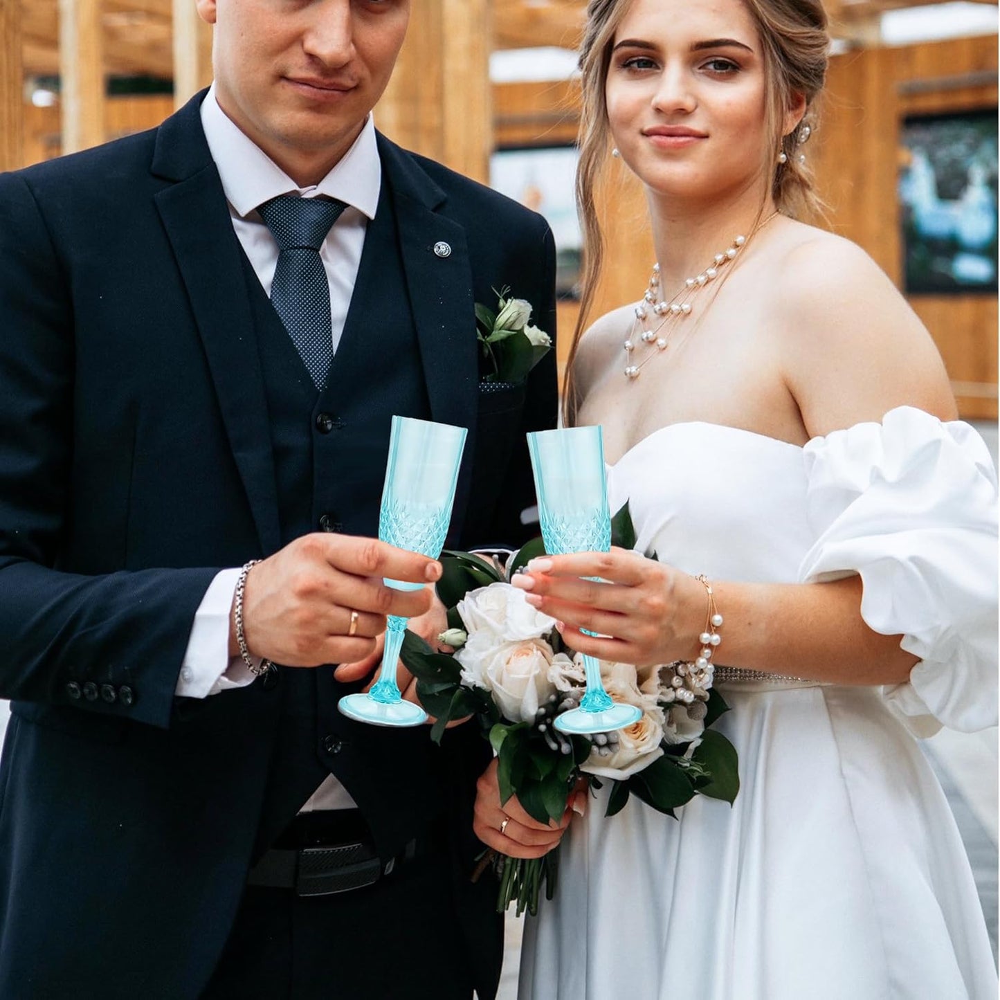 Plastic Champagne Flutes, 12PCS Light Cyan Wine Glasses Goblets Reusable Champagne Flute for Weddings, Bachelor Parties, Toasting, and Events(12,Light Cyan)