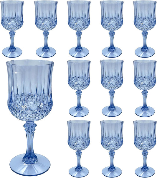 Plastic Wine Glasses，Plastic Goblets Vintage Style Cordial Drinking Glasses for Wedding Reception, Grand Event Party Supplies (12, Blue)