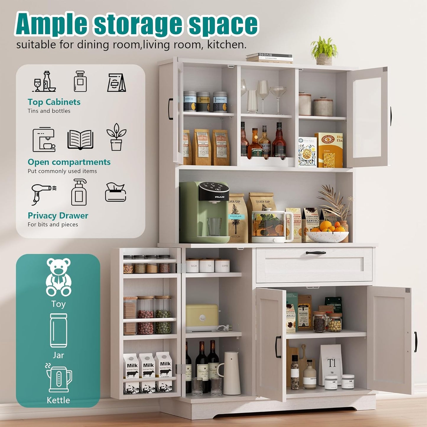 Vongrasig Tall Pantry Cabinet, Kitchen Pantry Storage Cabinet with Microwave Stand,Farmhouse Kitchen Hutch with Adjustable Shelves for Living Room, Dining Room, White