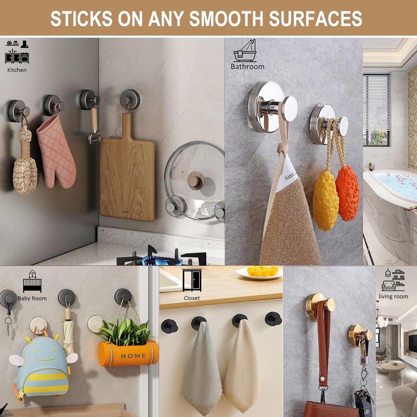 ZESLMG Suction Cup Hooks for Shower Wall, Door Wreaths, Removable Inside Shower Towel Hooks for Bathroom Window Glass Kitchen- Bath Robe Loofah Suction Hooks for Hanging More Surfaces (White, 4 Pack)