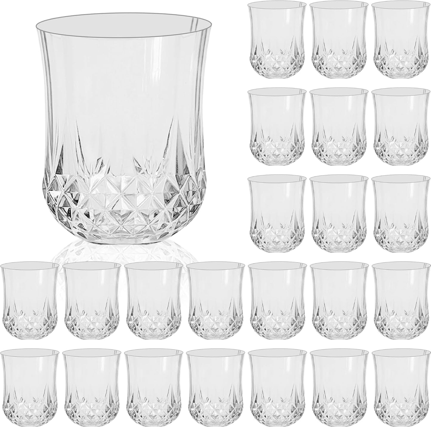 24 PCS Transparent Stemless Wine Glasses，Plastic Reusable Cups 9OZ Vintage Drinking Glasses Tumblers for Whisky, Beer, Juice, Beverages, Cocktai