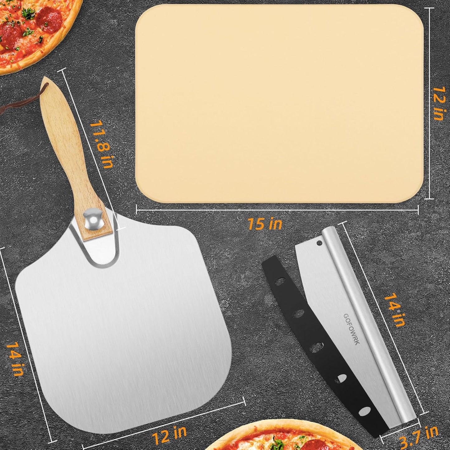 GOFOWEK Pizza Stone 5 PCS Set, 15 x 12" Large Rectangle Pizza Stone Set for Oven and Grill with Metal Pizza Peels & Cutter Rocker, 0.6'' Thickened Stone Pizza Pan, Baking Stone for Pizza, Bread