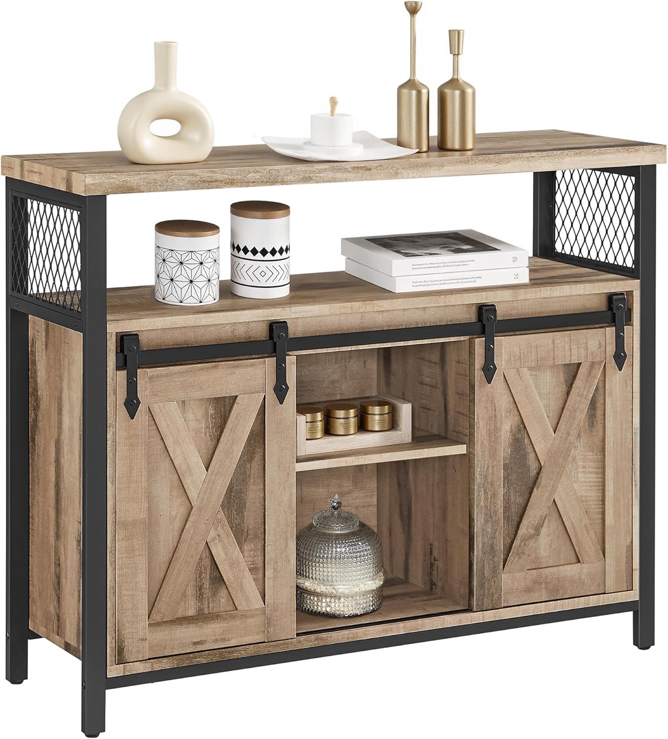 VASAGLE Buffet Cabinet, Coffee Bar Storage Cabinet, Sideboard with 2 Sliding Barn Doors, Adjustable Shelves, 13 x 39.4 x 31.5 Inches, for Living Room, Camel Brown and Ink Black ULSC092B50