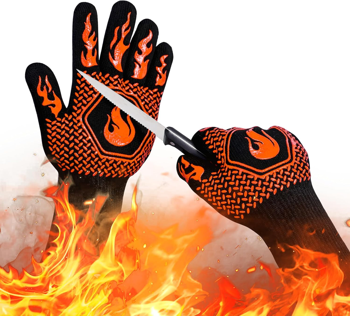 BBQ Fireproof Gloves, Grill Cut-Resistant Gloves 1472°F Heat Resistant Gloves, Non-Slip Silicone Oven Gloves, Kitchen Safe Cooking Gloves for Oven Mitts,Barbecue,Cooking, Frying,13.5 Inch-Orange