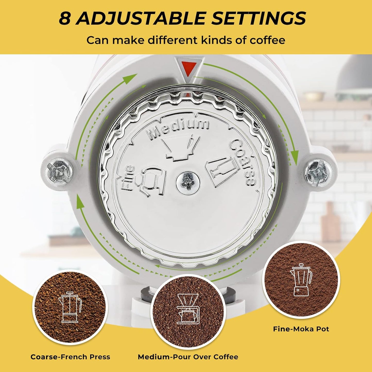 Burr Coffee Grinder Electric Espresso Grinder Commercial & Homeuse Silent Small Coffee Bean Grinder with Hopper Adjustable Grind, With Brush, Spoon, White