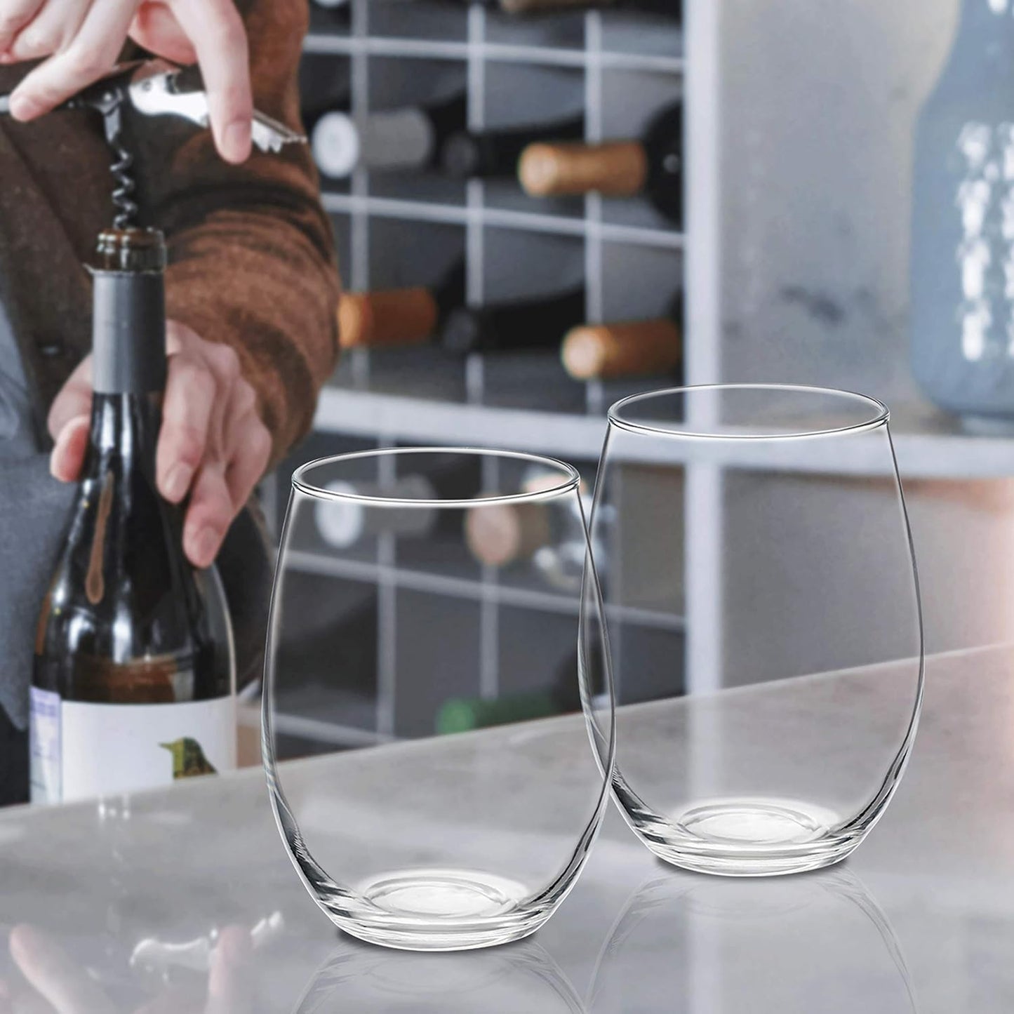 DISCOUNT PROMOS 10 ARC Stemless Wine Glasses Set, 21 oz. - Chardonnay, Cabernet, Merlot, Sauvignon - Clear