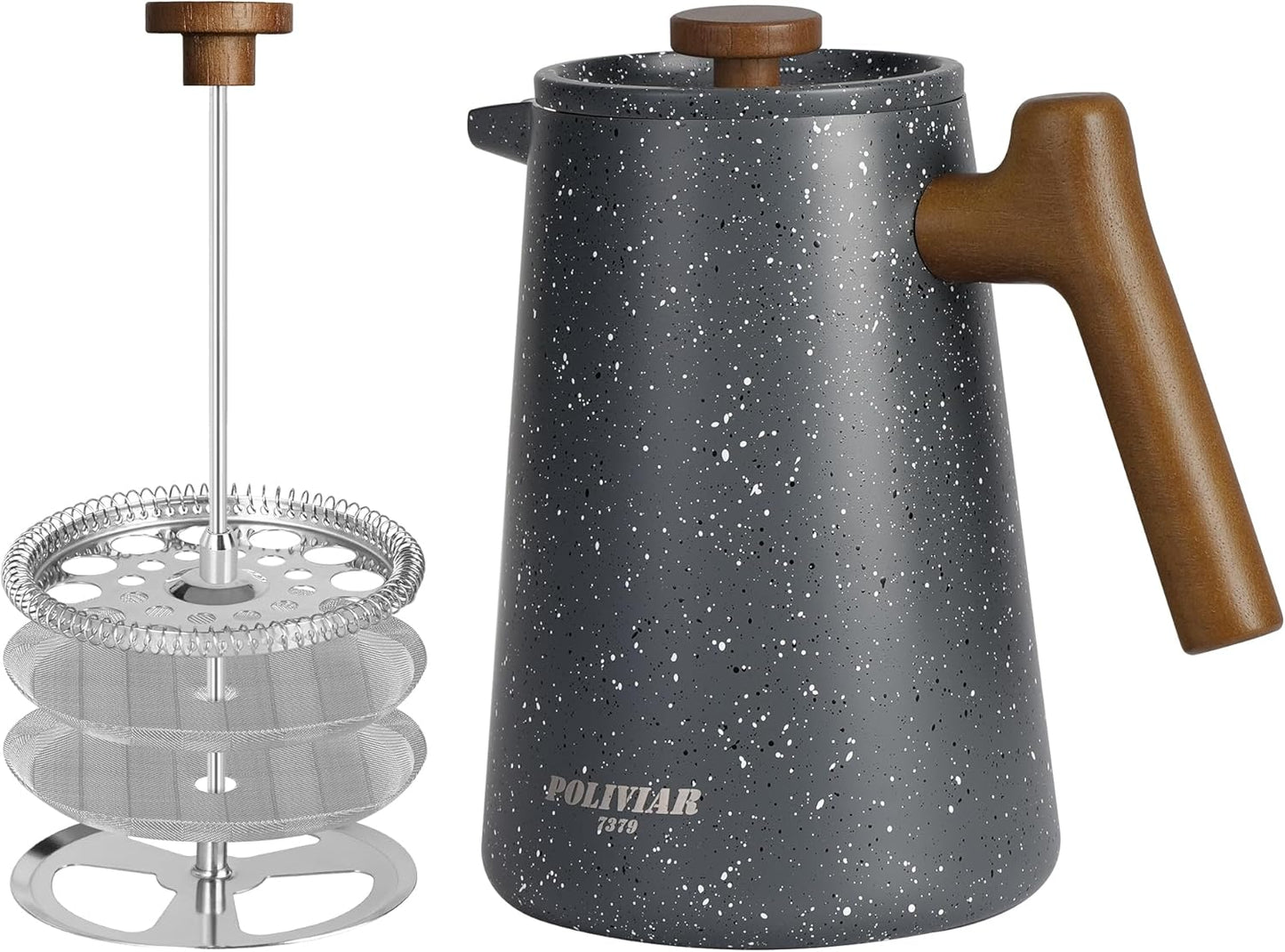 POLIVIAR French Press Coffee Maker, 34 oz Coffee Press with Real Wood Handle, Double Wall Insulation & Dual-Filter Screen, Food Grade Stainless Steel for Good Coffe and Tea, JX2025-XFPG