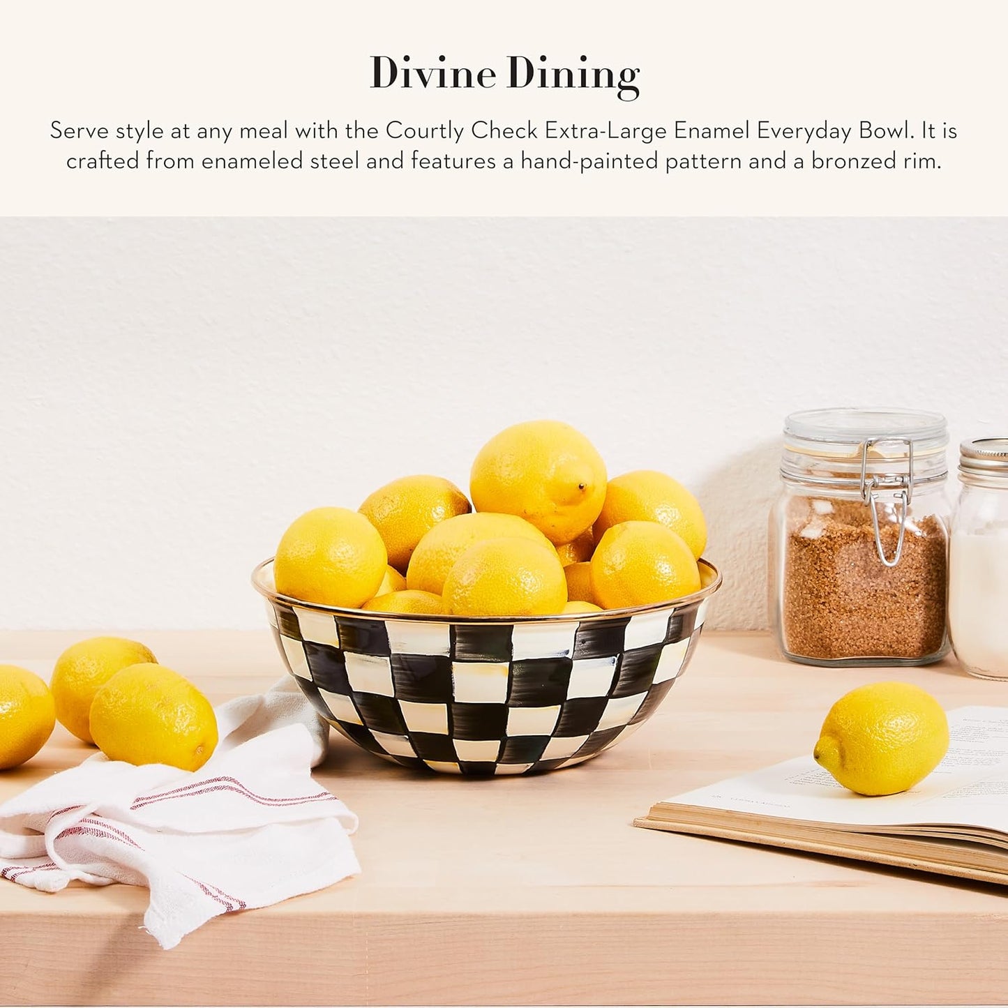 MACKENZIE-CHILDS Enamel Everyday Bowl, Serving Bowl for Entertaining, Extra-Large, Black-and-White Courtly Check, Set of 1