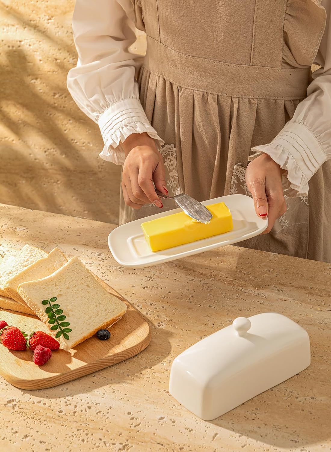Sweese Butter Dish with Lid, Porcelain Butter Keeper, 7.8 Inch Butter Holder with Handle Cover, Butter Container Perfect for East West Coast Butter, White