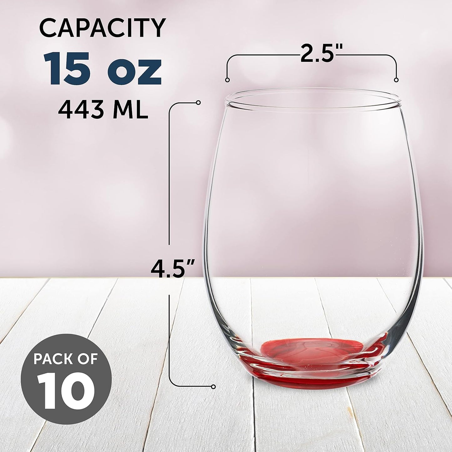 DISCOUNT PROMOS Stemless Wine Glasses in Bulk by ARC Perfection, 15 oz, 10 Pack, Red or White Wine Glass Set, Red
