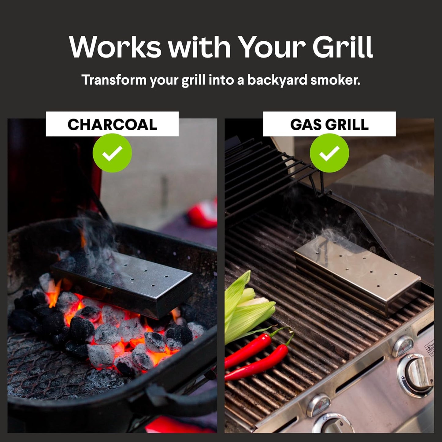 BBQ Smoker Box Kit – Stainless Steel Smoker with Hinged Lid, Apple Wood Chips, Hickory Salt – Grilling Accessories and Grilling Gifts for Men – Great Birthday Gifts for Men Who Love to BBQ