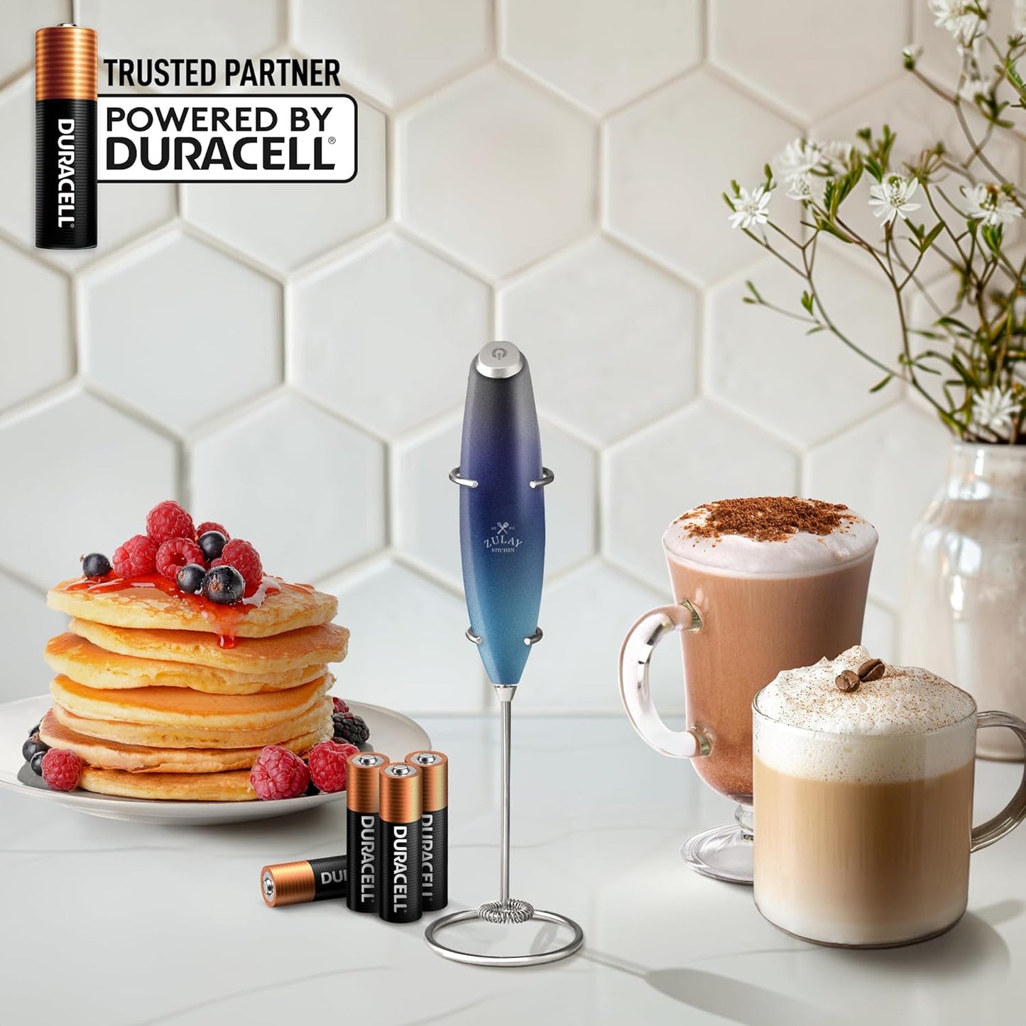 Zulay Kitchen Powerful Milk Frother Wand With 4 AA Duracell Batteries - Ultra Fast Handheld Drink Mixer - Electric Whisk Foam Maker for Coffee, Lattes, Cappuccino, Matcha & Creamer -