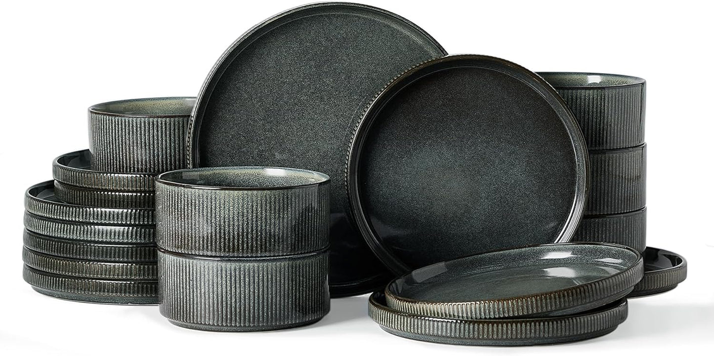 Famiware Star Dinnerware Set, Plates and Bowls Sets for 6 (18pcs), Ribbed Stoneware Dishes - Chip & Scratch Resistant, Microwave & Dishwasher Safe Kitchenware, Deep Forest