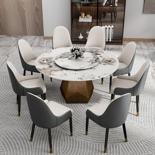 Montary 9 Piece Dining Table Chairs Set, Modern Dining Table Set of 8, Includes 59" D Marble Round Table with Antique Brass Metal Base, 8 Gray White Dining Chairs for Home, Kitchen