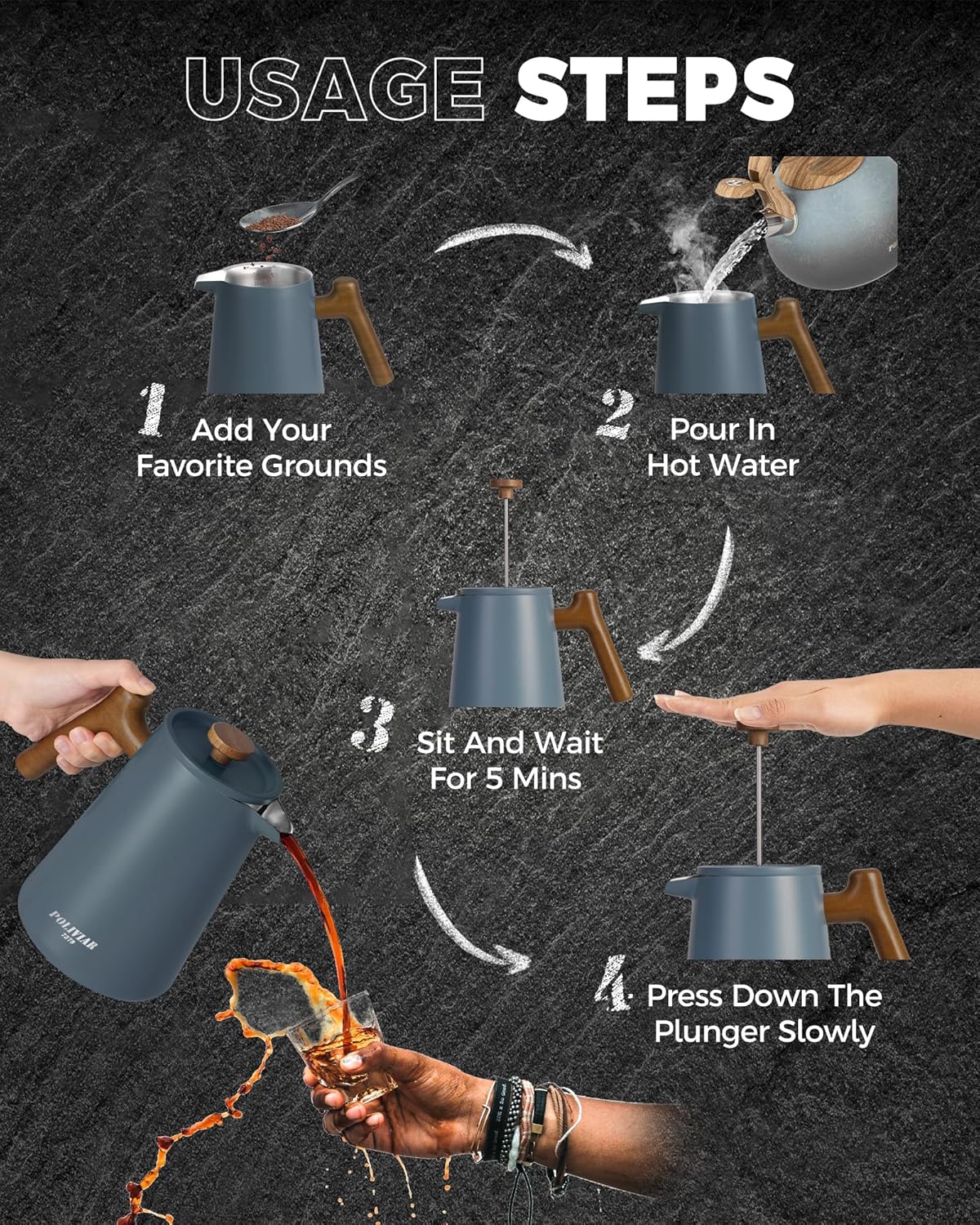 POLIVIAR French Press Coffee Maker, 34 oz Coffee Press with Real Wood Handle, Double Wall Insulation & Dual-Filter Screen, Food Grade Stainless Steel for Good Coffe and Tea, JX2025-XFPU