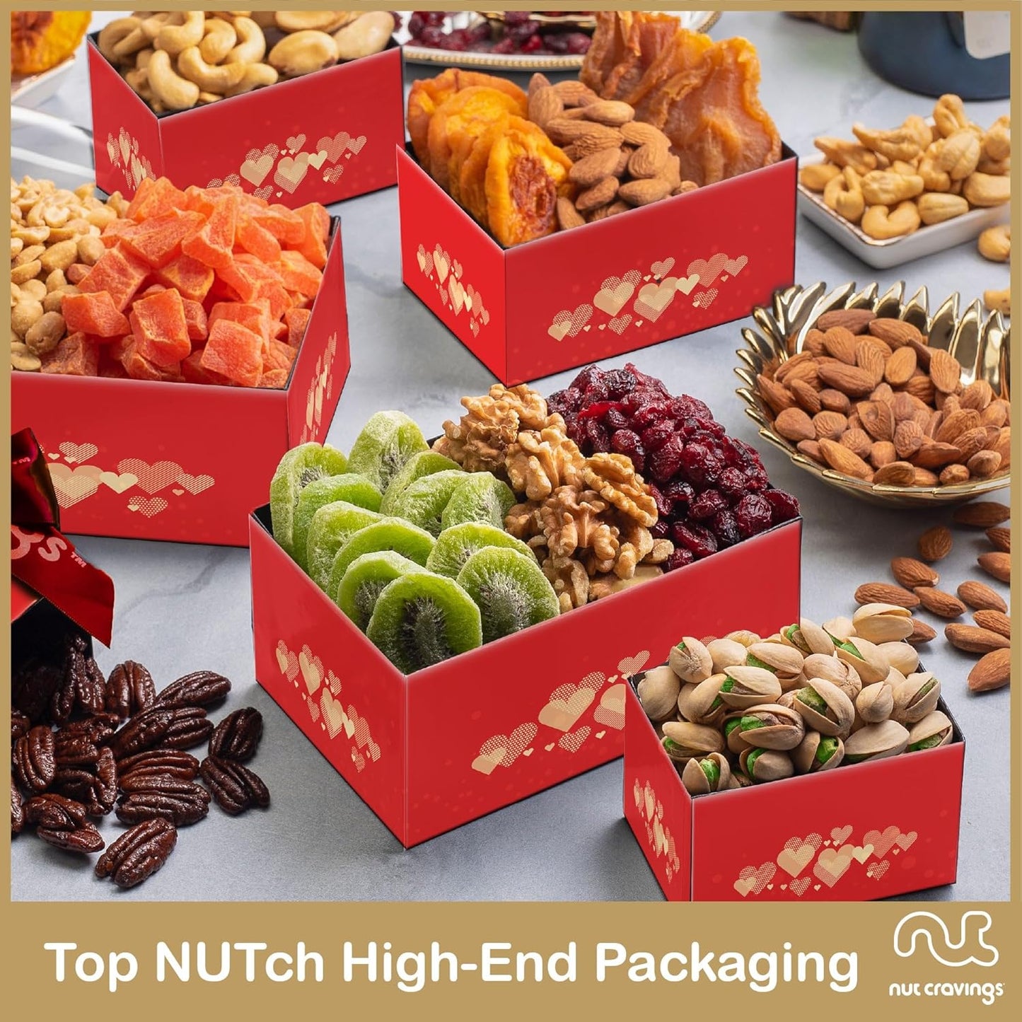 NUT CRAVINGS - Dried Fruit & Mixed Nuts Gift Basket Red Tower + Heart Ribbon (12 Assortments) Food Arrangement, Healthy Snack Care Package, Food Assortments