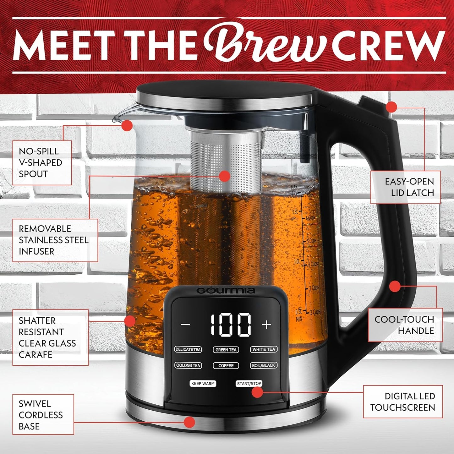 Gourmia Electric Programmable Glass Kettle – 1.7L Temperature Control Tea & Coffee Kettle with Digital Touch Display, 6 Presets, Keep Warm, Removable Stainless Steel Infuser, 360° Swivel Base – White