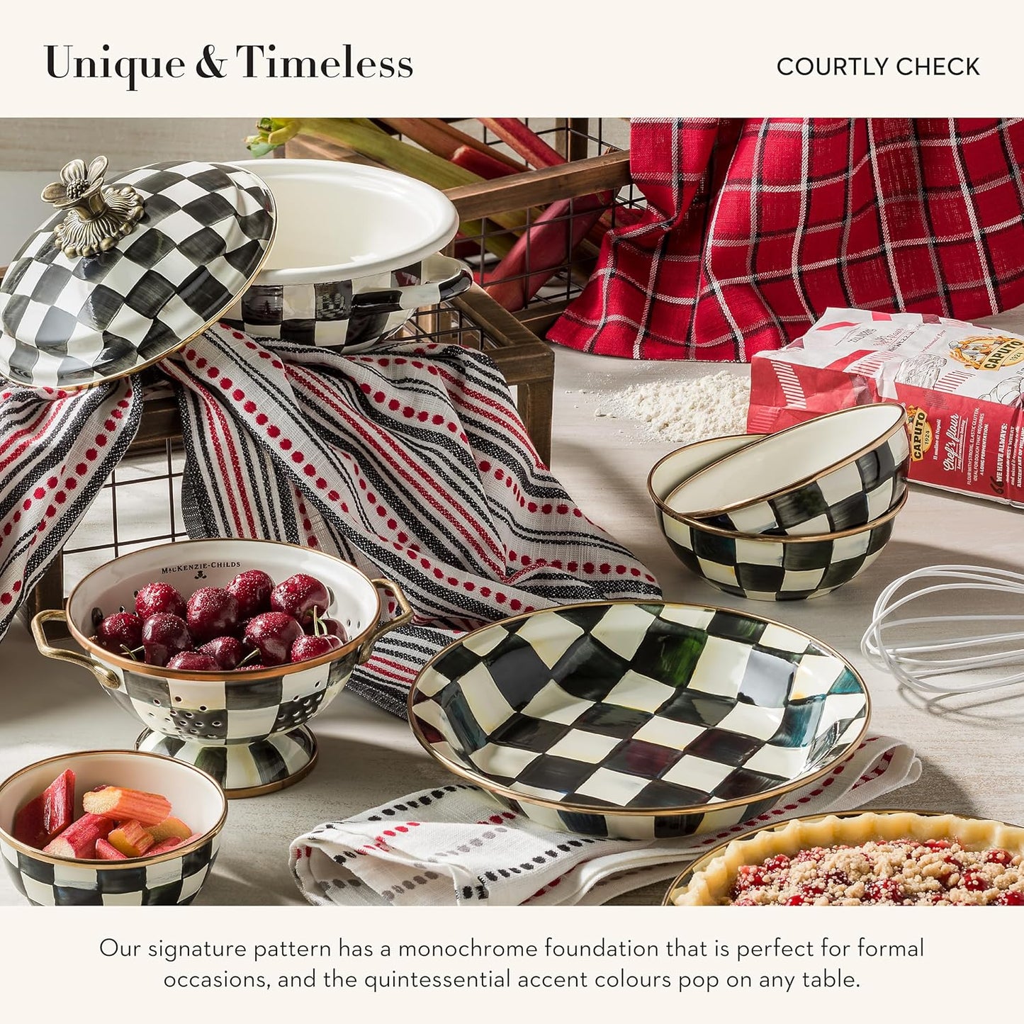 MACKENZIE-CHILDS Enamel Everyday Bowl, Serving Bowl for Entertaining, Extra-Small, Black-and-White Courtly Check, Set of 1