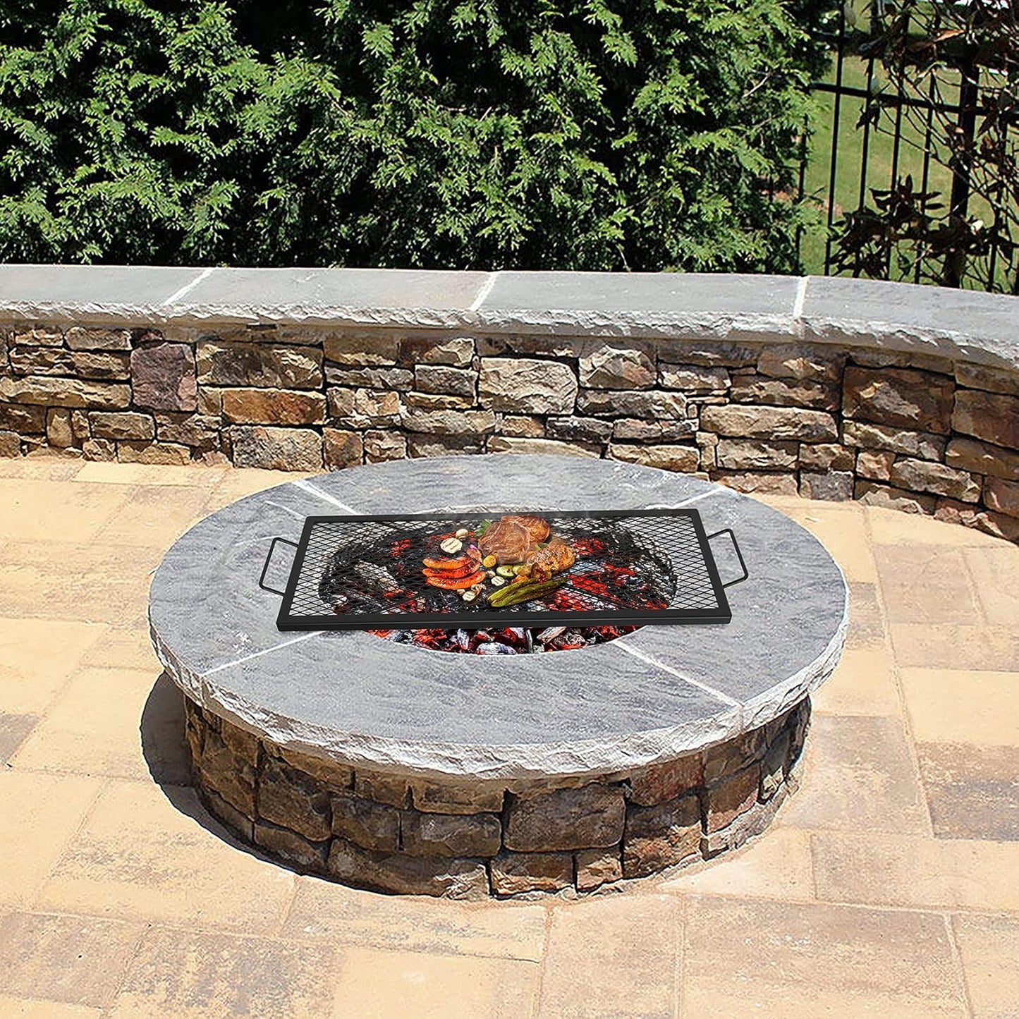 onlyfire Rectangle X-Marks Fire Pit Cooking Grate, Campfire Grill Grate with Handles, Heavy Duty Steel BBQ Grill Grate for Outdoor, 40-Inch