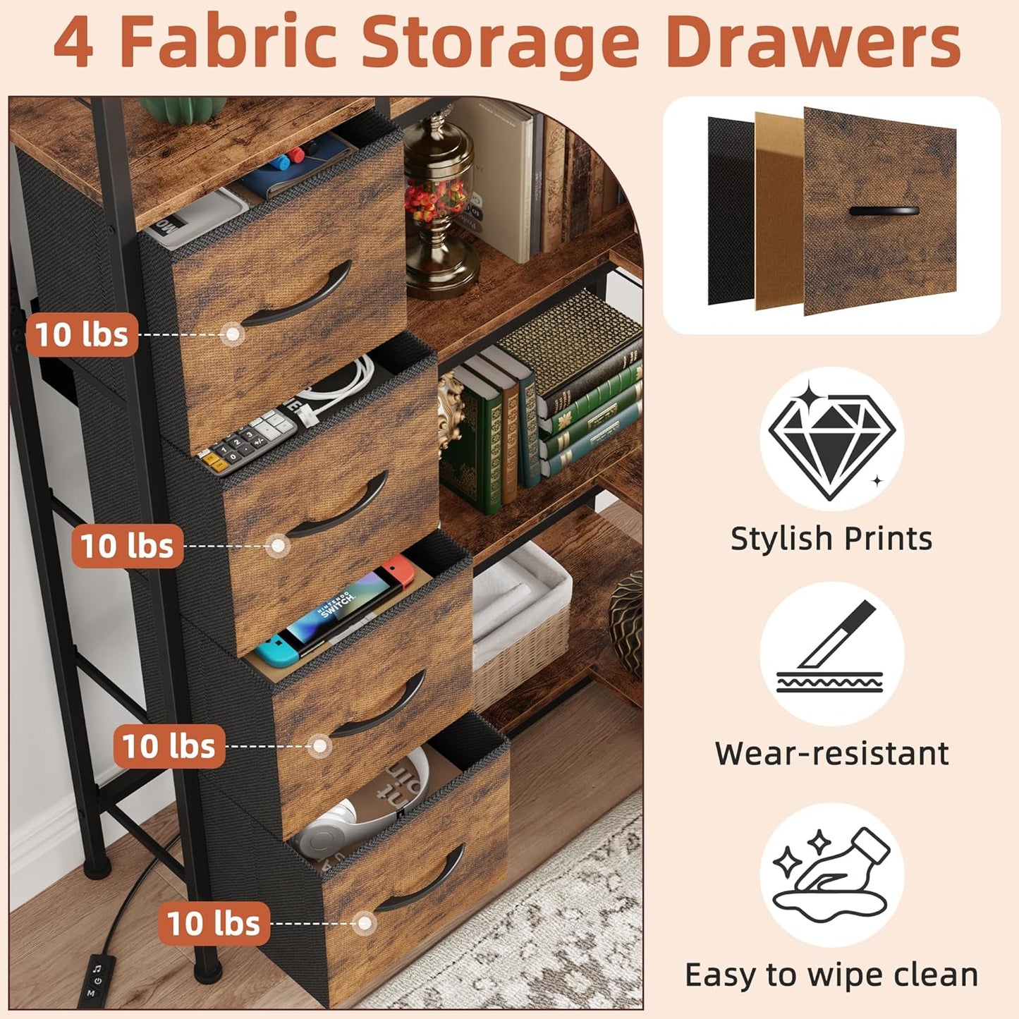 Corner Bookshelf with LED Light Strips & 4 Fabric Drawers, 6-Tier Convertible Corner Shelf with Display Shelf, Large Wood Industrial Bookcase for Living Room, Bedroom, Home Office, Rustic Brown