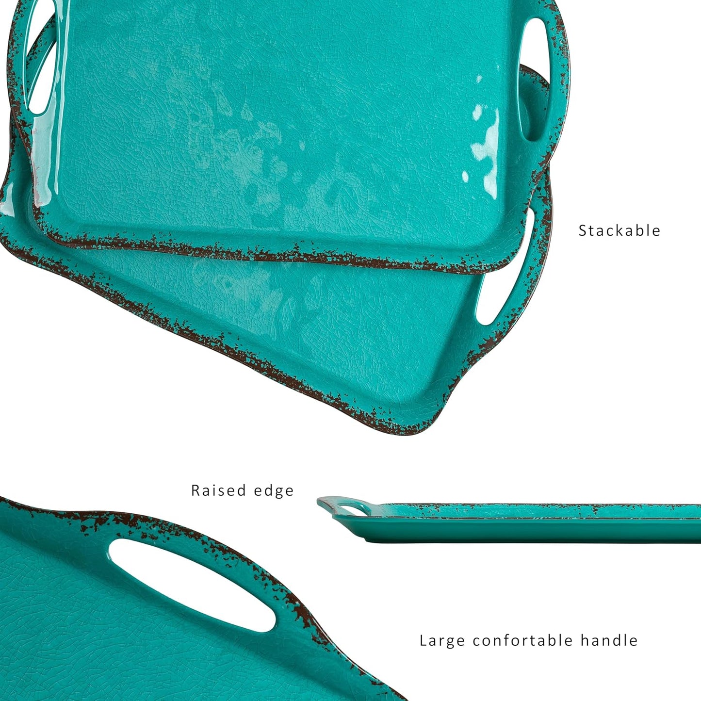 LEHAHA Large Farmhouse Melamine Serving Platters, Serving Tray with Handle for Food, Appetizer, Cupcakes, Dessert, Raised Edge Large Party Platter or TV Dinner Trays, 17.25x12 inch, Set of 2, Teal