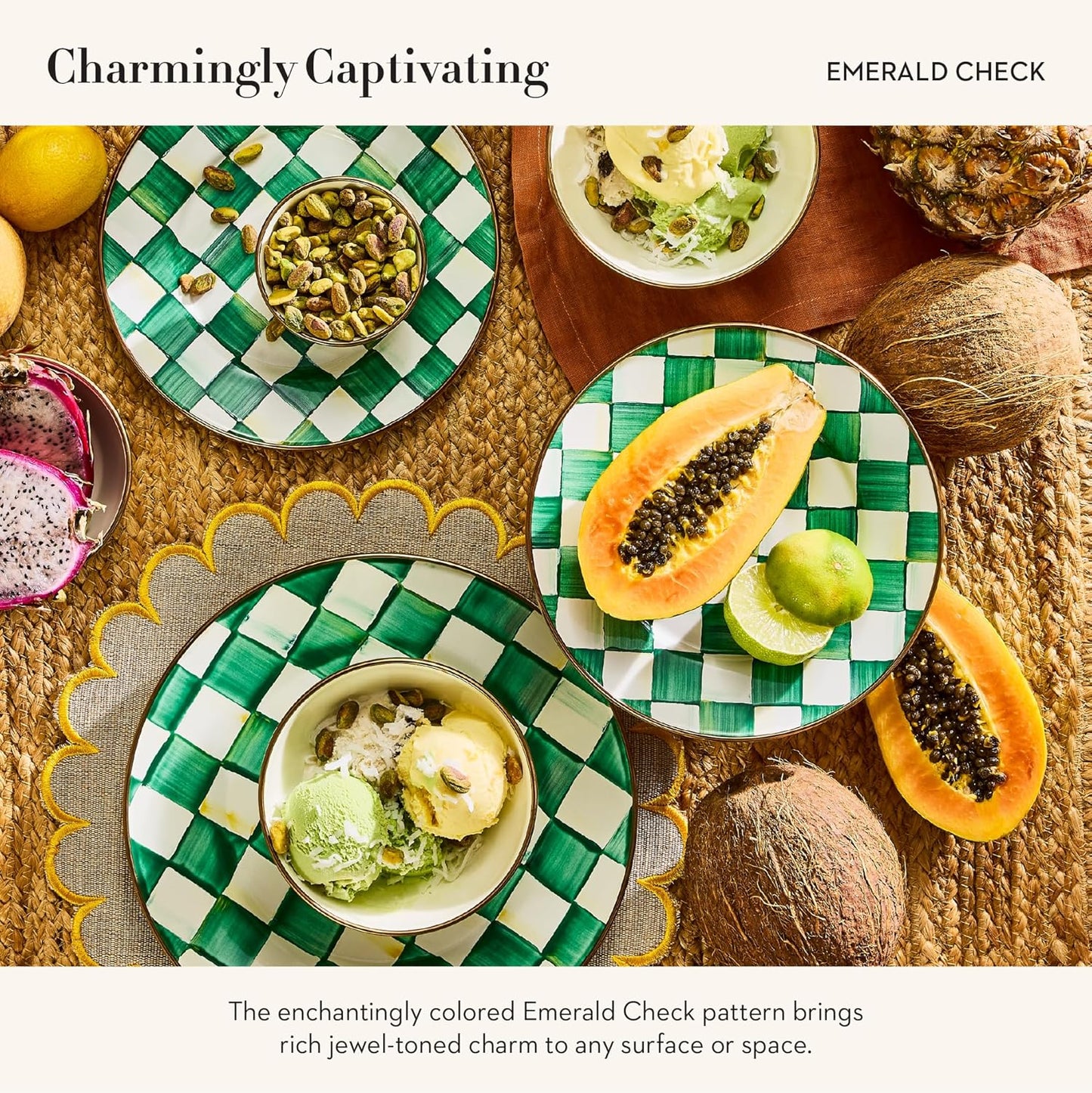 MACKENZIE-CHILDS Enamel Everyday Bowl, Serving Bowl for Entertaining, Extra Small, Green-and-White Emerald Check