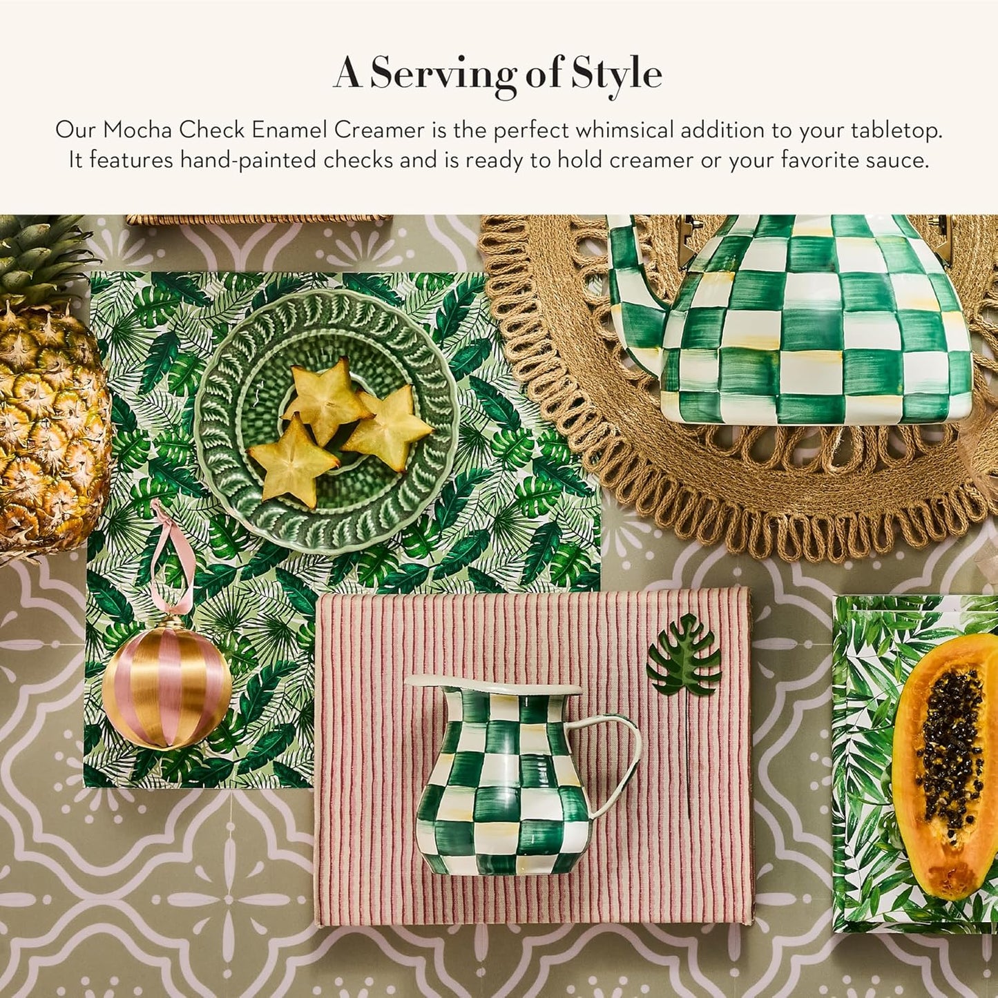 MACKENZIE-CHILDS Enamel Creamer, Creamer Dispenser with Pour Spout, 14-Ounce Capacity, Green-and-White Emerald Check