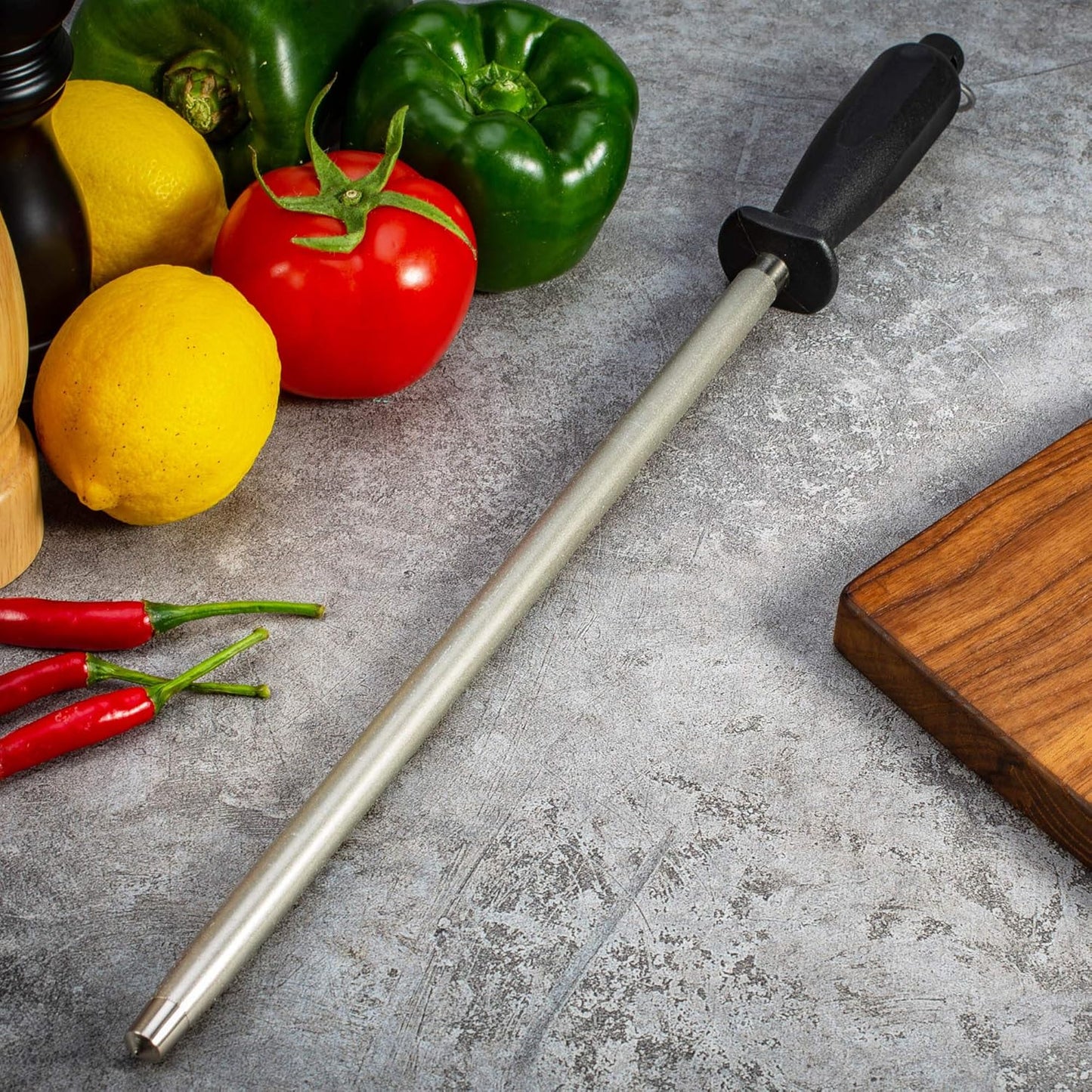 10 Inch Sharpening Steel, Professional Diamond Brushed Steel Knife Sharpener, Black