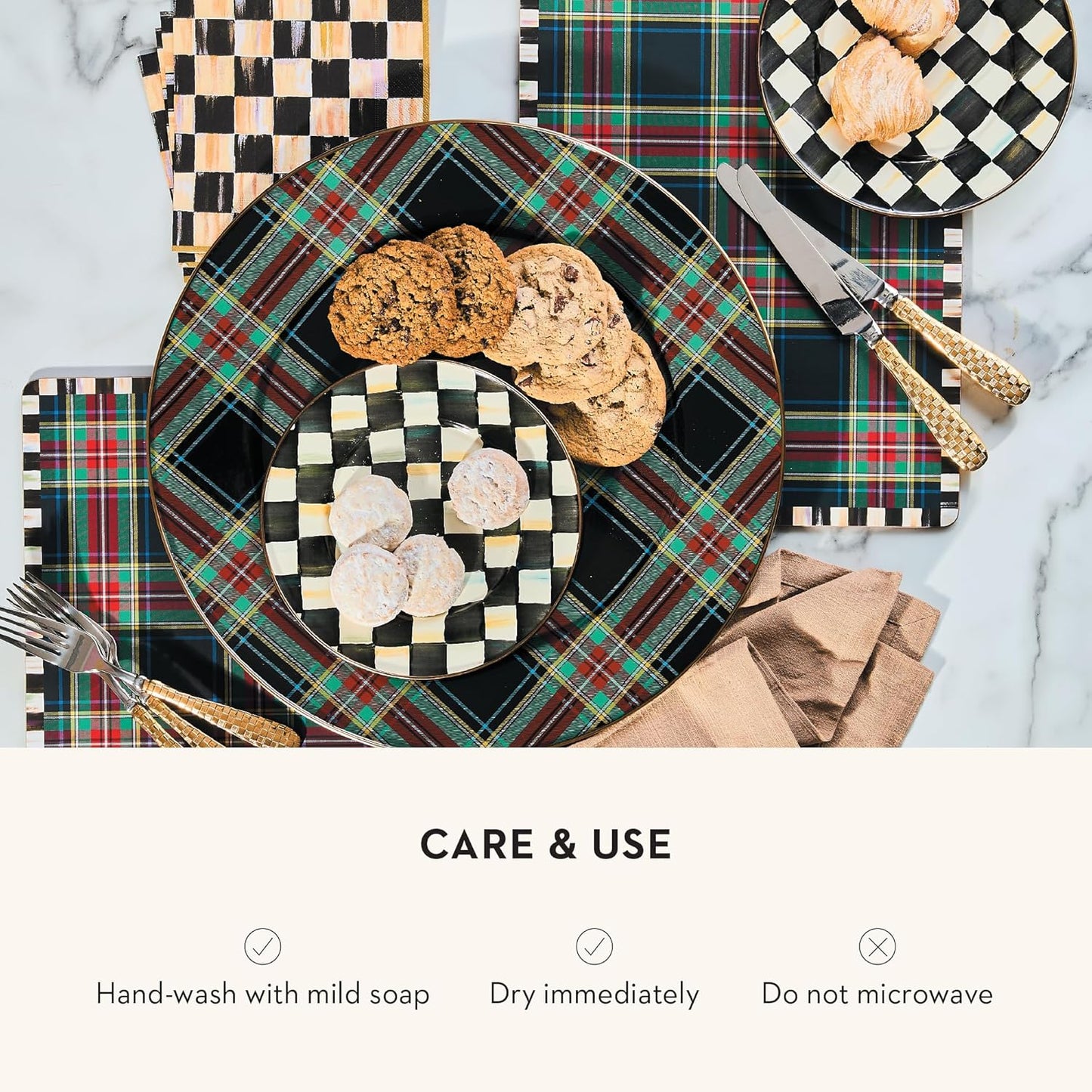 MACKENZIE-CHILDS Enamel Serving Platter, Decorative Serving Platter for Food, 16 Inches, Black Tartan