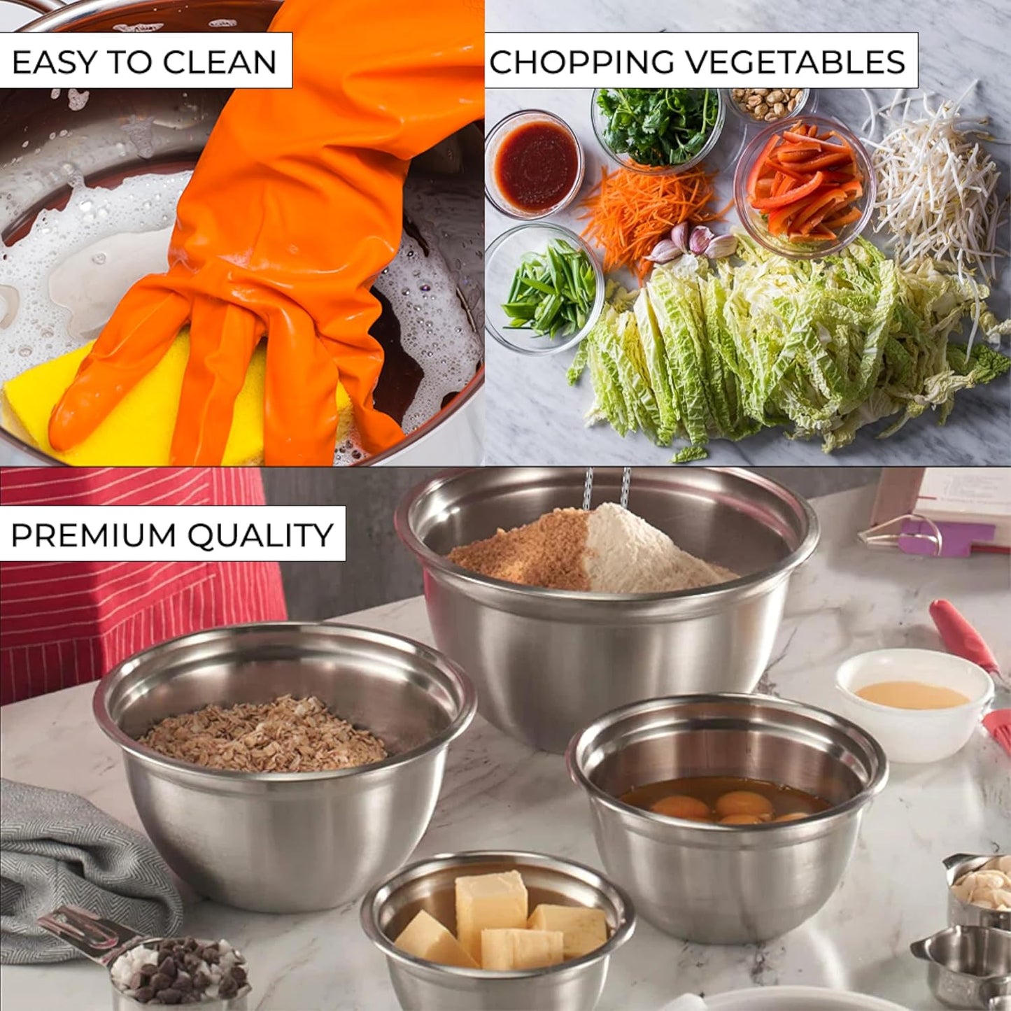 AVADOR Premium Stainless Steel Mixing Bowls Sets Brushed Stainless Steel Mixing Bowl Set, Easy To Clean, Space Saving, Great for Cooking, Baking, Prepping Needs (9 pc Anti Slip with Lid and Graters)