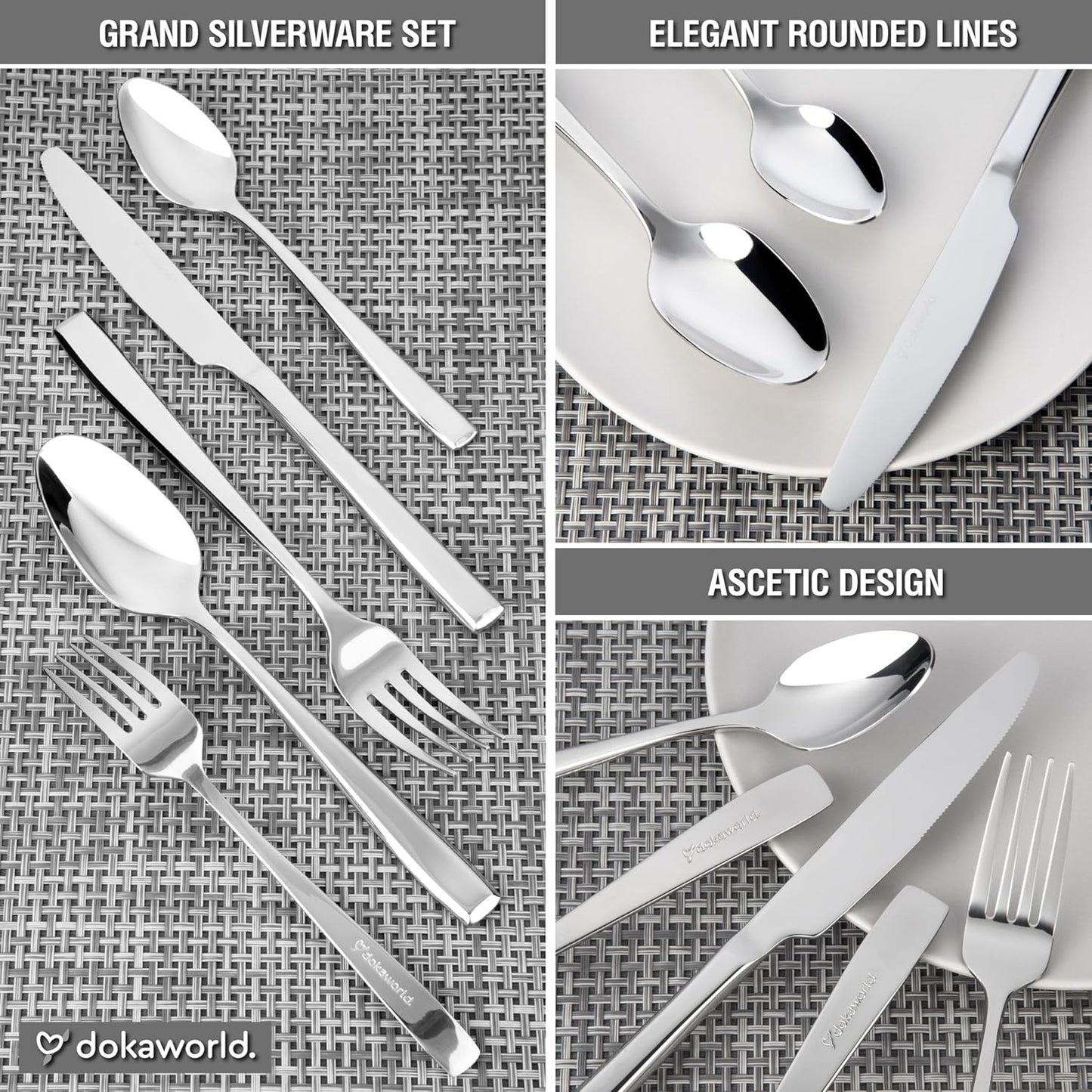 Modern Design Polished Flatware, Silverware Set for 8 persons, 40 Piece - Spoons, Forks, and Knives 18/10 Stainless Steel, Dishwasher Safe