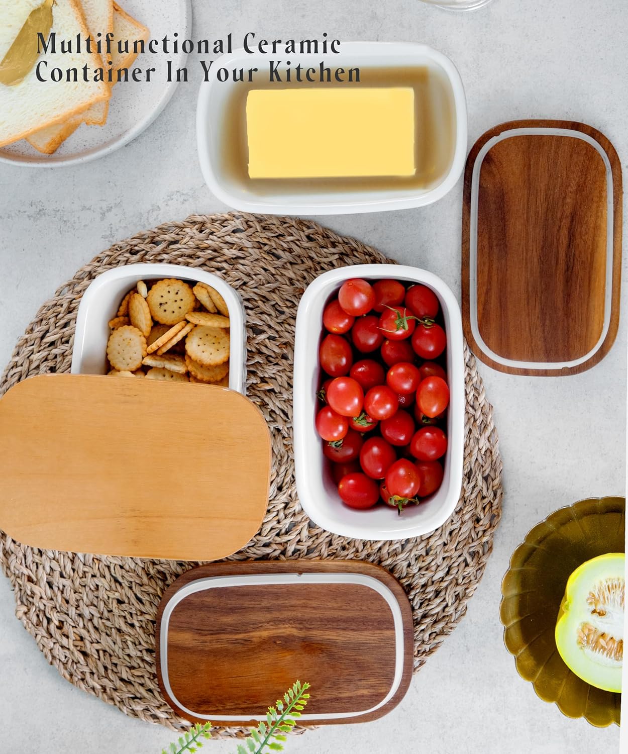 Nucookery Ceramic Butter Dish, Embossed Butter Keeper with Wood Lid for Countertop, Butter Holder and Container with Double Silicone Seal (Fan Pattern)