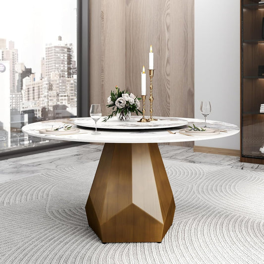 Montary 59" Modern Artificial Marble Round Dining Table with Antique Brass Metal Base & 31.5" White Sintered Stone Turntable, Dining Room Table with Lazy Susan for 6-8 (Only Table)