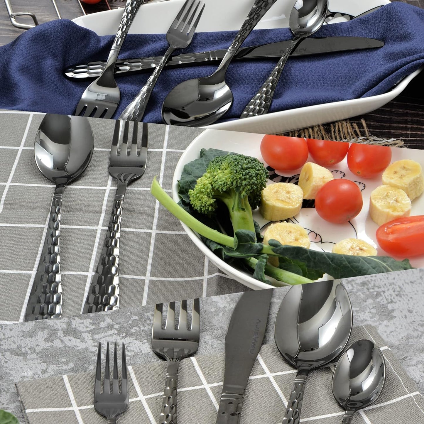 Hammered Silverware Set for 4, 20-Piece Black Flatware, 18/10 Stainless Steel Include Knife/Fork/Spoon, Tableware for Kitchen Restaurant, Dishwasher Safe (Black)