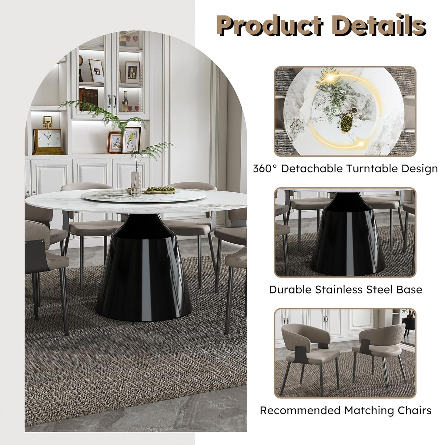 Montary 9 Piece Dining Table Chairs Set, Modern Dining Table Set of 8, Includes 59" D Marble Round Table with Black Metal Cone Base, 8 Gray Texture Dining Chairs for Home, Kitchen