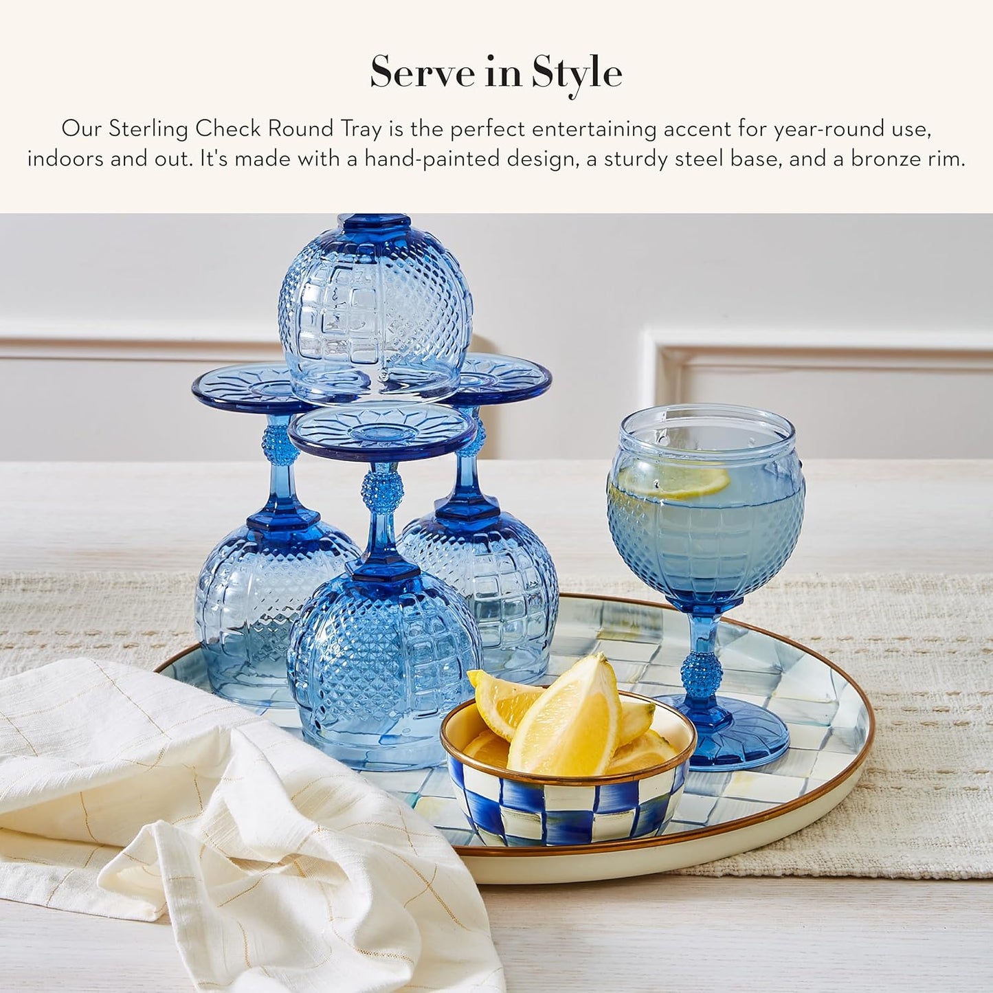 MACKENZIE-CHILDS Enamel Round Tray, Unique Serving Platter for Food and Drinks, Gray-and-White Sterling Check