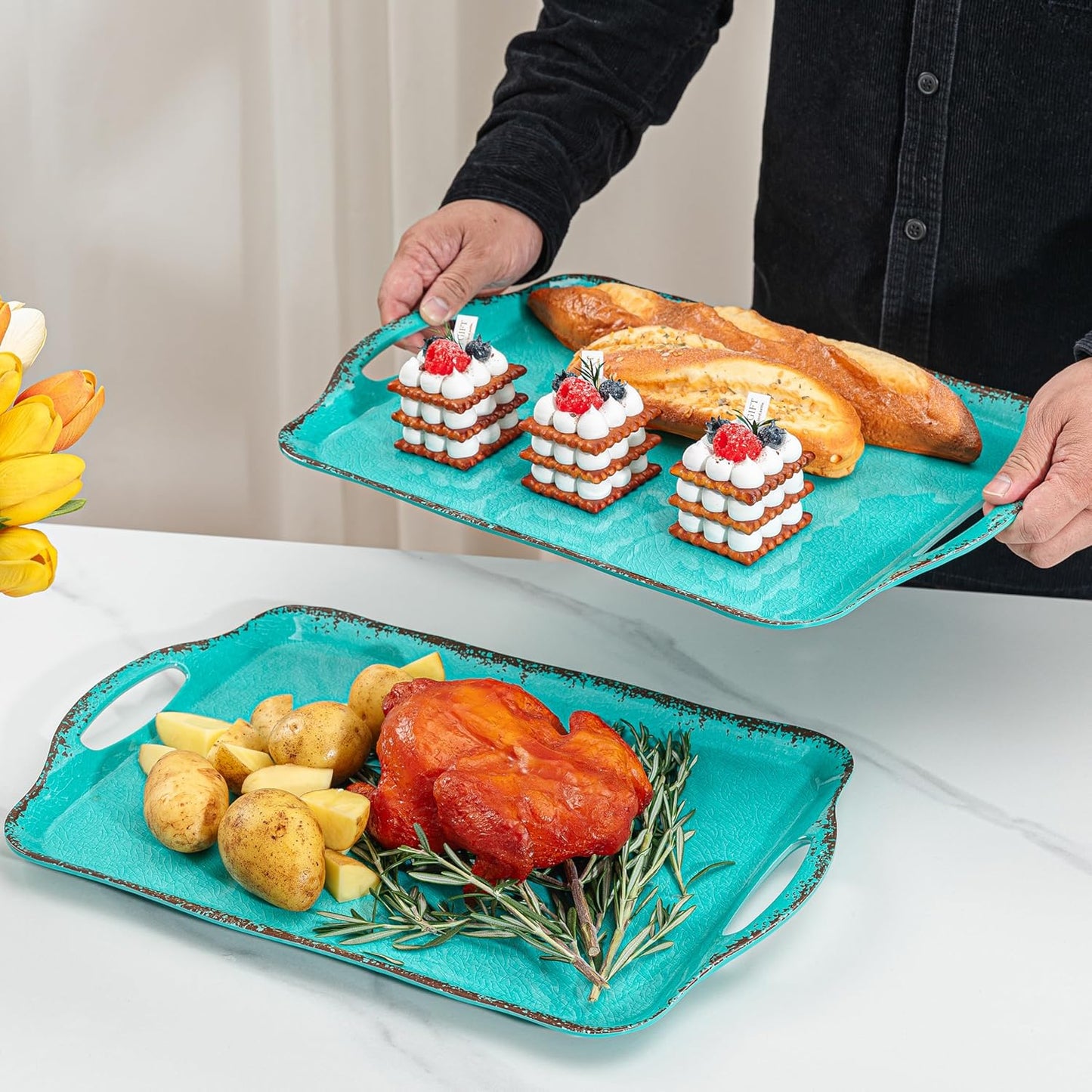 LEHAHA Large Farmhouse Melamine Serving Platters, Serving Tray with Handle for Food, Appetizer, Cupcakes, Dessert, Raised Edge Large Party Platter or TV Dinner Trays, 17.25x12 inch, Set of 2, Teal